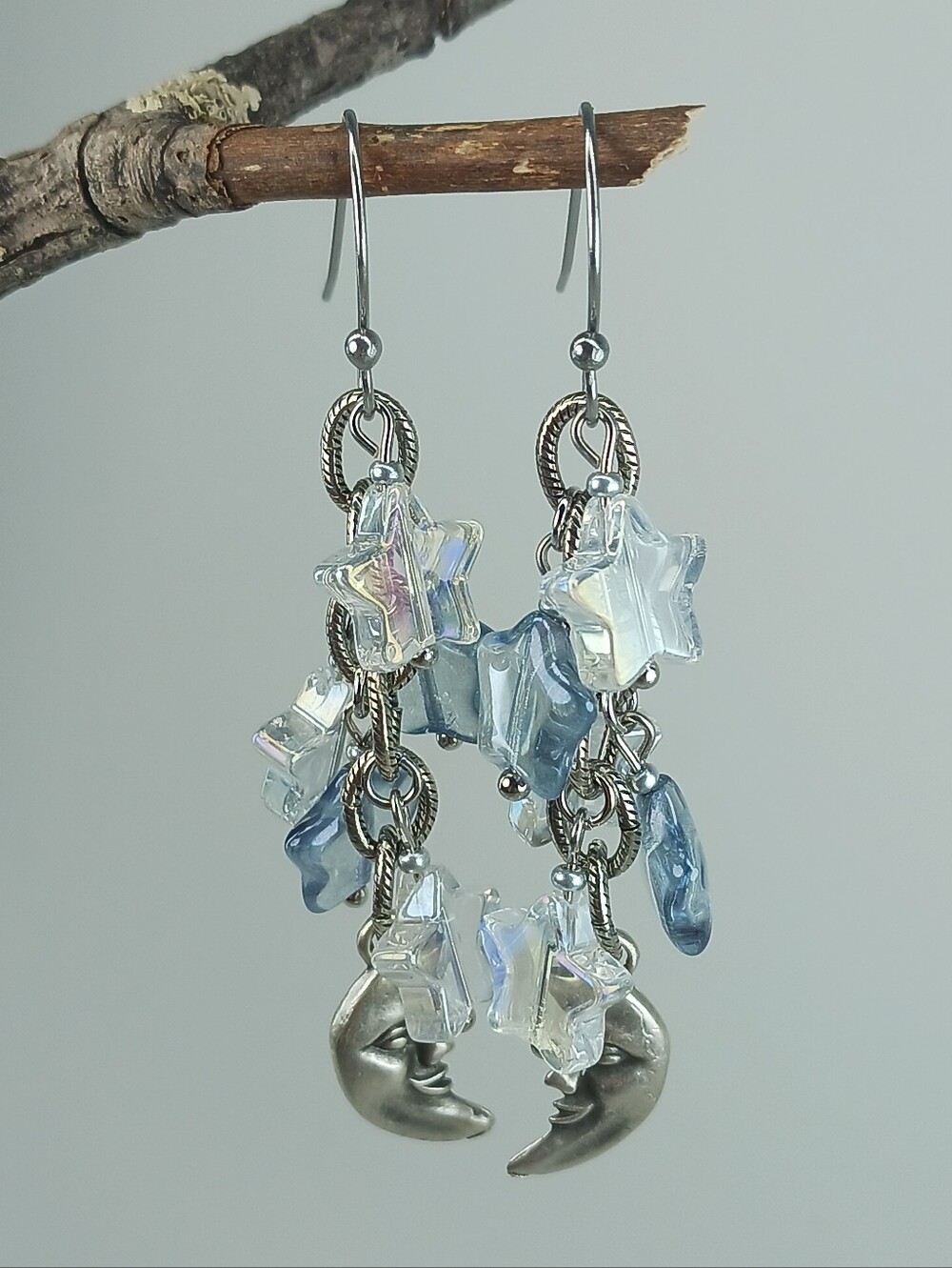 HAND CRAFTED Moon Star Dangle Earrings Celestial Blue Crystal Fairycore - Picture 4 of 6